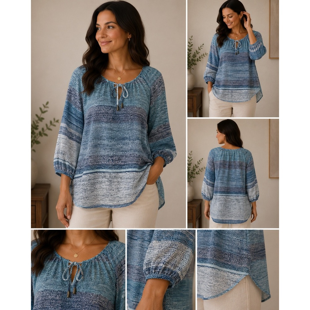 A. Byer Women Blue Abstract‎ Print Tie Neck 3/4 Sleeve Boho Blouse Small